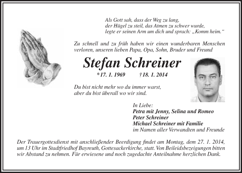  Traueranzeige für Stefan Schreiner vom 22.01.2014 aus Nordbayerischer Kurier