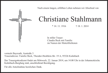 Anzeige von Christiane Stahlmann von Nordbayerischer Kurier
