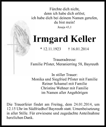 Anzeige von Irmgard Keller von Nordbayerischer Kurier