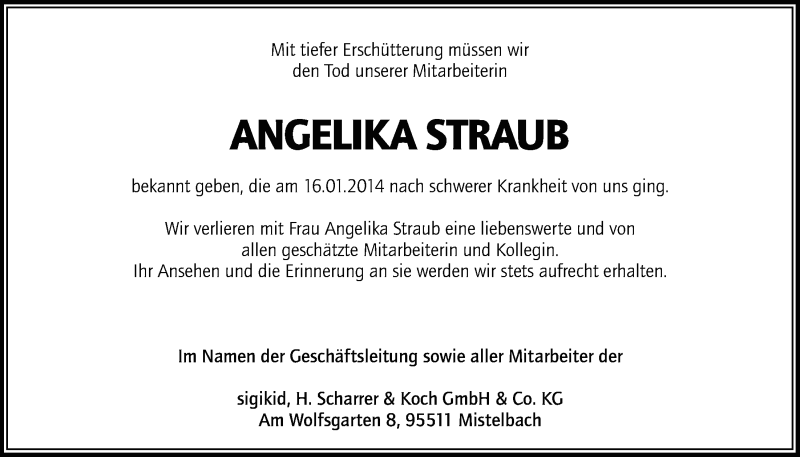  Traueranzeige für Angelika Straub vom 21.01.2014 aus Nordbayerischer Kurier
