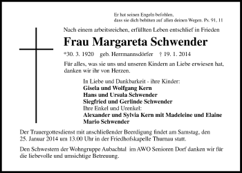 Anzeige von Margareta Schwender von Nordbayerischer Kurier