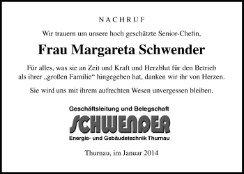 Anzeige von Margareta Schwender von Nordbayerischer Kurier