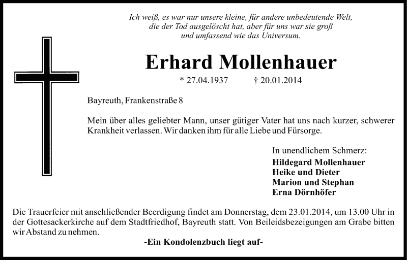  Traueranzeige für Erhard Mollenhauer vom 22.01.2014 aus Nordbayerischer Kurier