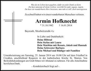 Anzeige von Armin Hofknecht von Nordbayerischer Kurier