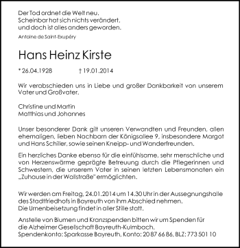 Anzeige von Hans Heinz Kirste von Nordbayerischer Kurier