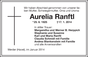 Anzeige von Aurelia Ranftl von Nordbayerischer Kurier