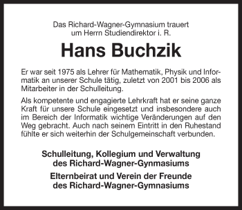 Anzeige von Hans Buchzik von Nordbayerischer Kurier