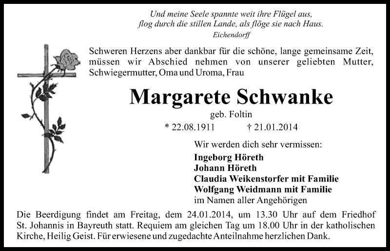  Traueranzeige für Margarete Schwanke vom 23.01.2014 aus Nordbayerischer Kurier
