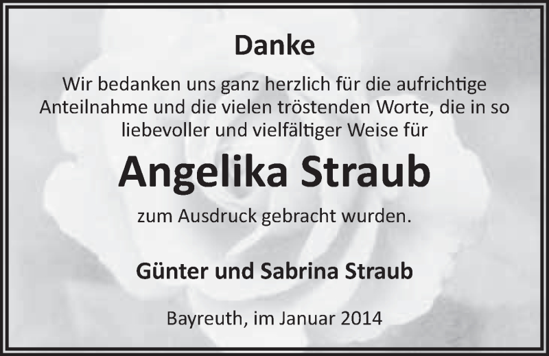  Traueranzeige für Angelika Straub vom 25.01.2014 aus Nordbayerischer Kurier