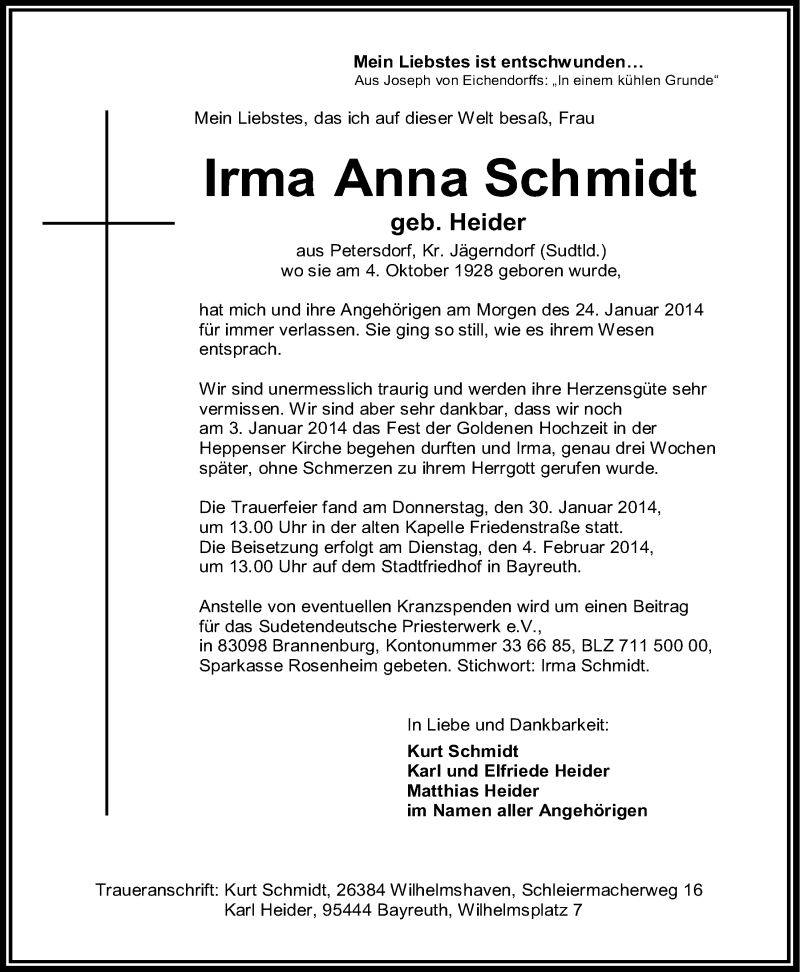  Traueranzeige für Irma Anna Schmidt vom 01.02.2014 aus Nordbayerischer Kurier