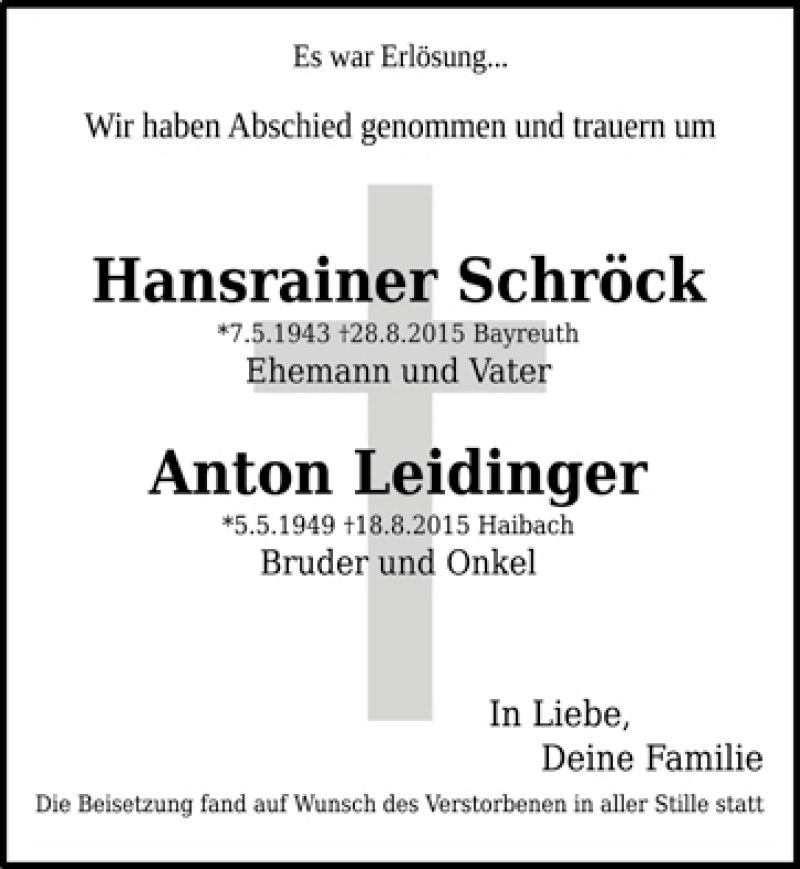  Traueranzeige für Hansrainer Schröck  vom 14.09.2015 aus Nordbayerischer Kurier