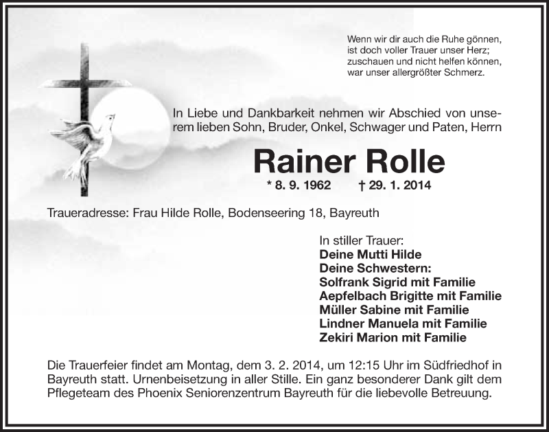  Traueranzeige für Rainer Rolle vom 31.01.2014 aus Nordbayerischer Kurier