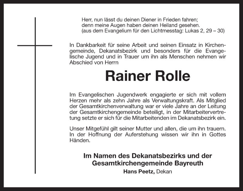  Traueranzeige für Rainer Rolle vom 31.01.2014 aus Nordbayerischer Kurier