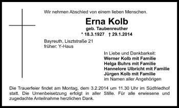 Anzeige von Erna Kolb von Nordbayerischer Kurier