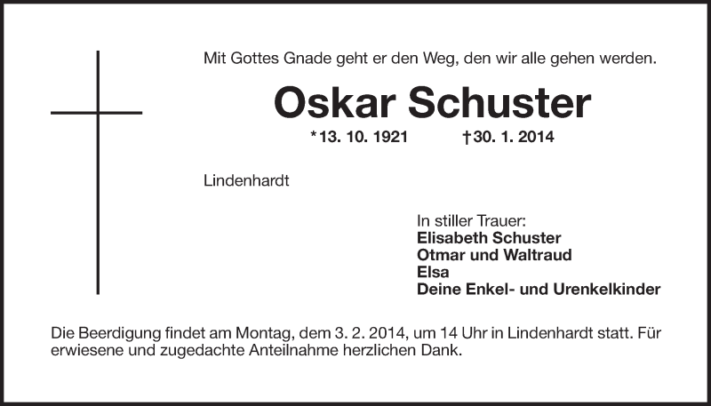  Traueranzeige für Oskar Schuster vom 01.02.2014 aus Nordbayerischer Kurier