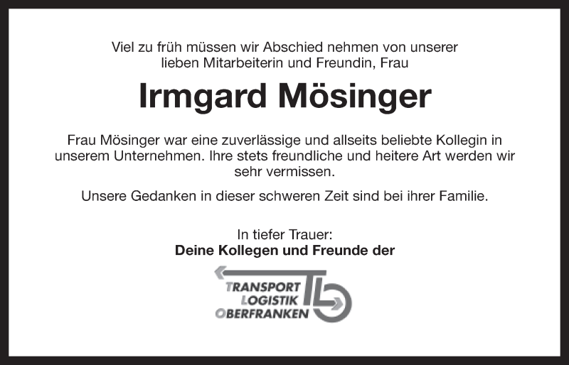  Traueranzeige für Irmgard Mösinger vom 04.02.2014 aus Nordbayerischer Kurier