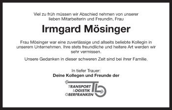Anzeige von Irmgard Mösinger von Nordbayerischer Kurier