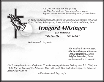 Anzeige von Irmgard Mösinger von Nordbayerischer Kurier