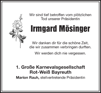 Anzeige von Irmgard Mösinger von Nordbayerischer Kurier