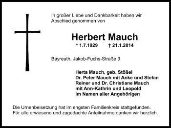 Anzeige von Herbert Mauch von Nordbayerischer Kurier