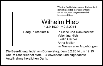 Anzeige von Wilhelm Hieb von Nordbayerischer Kurier