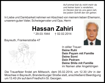 Anzeige von Hassan Zahiri von Nordbayerischer Kurier