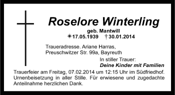Anzeige von Roselore Winterling von Nordbayerischer Kurier