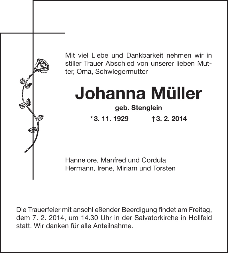  Traueranzeige für Johanna Müller vom 05.02.2014 aus Nordbayerischer Kurier