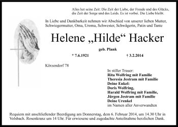 Anzeige von Helene Hacker von Nordbayerischer Kurier