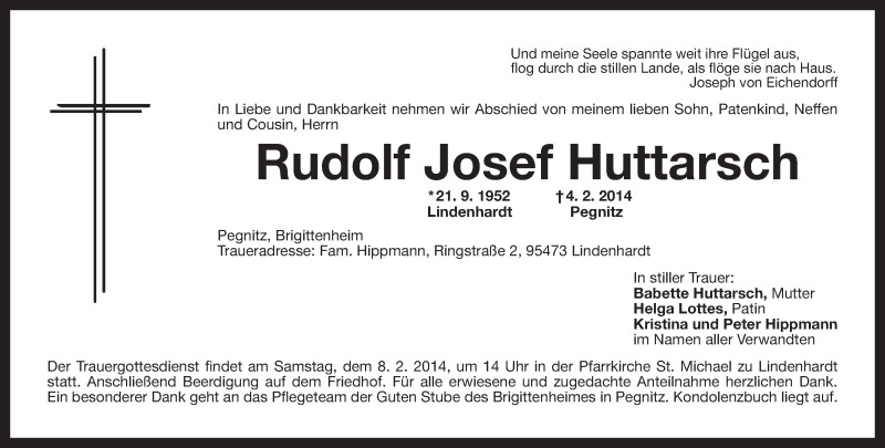  Traueranzeige für Rudolf Josef Huttarsch vom 06.02.2014 aus Nordbayerischer Kurier