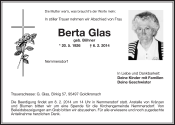 Anzeige von Berta Glas von Nordbayerischer Kurier