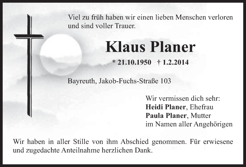 Traueranzeige für Klaus Planer vom 07.02.2014 aus Nordbayerischer Kurier