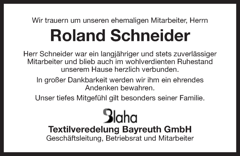  Traueranzeige für Roland Schneider vom 10.02.2014 aus Nordbayerischer Kurier