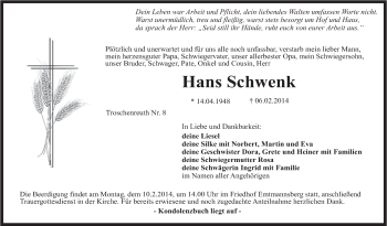 Anzeige von Hans Schwenk von Nordbayerischer Kurier