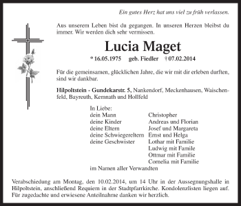 Anzeige von Lucia Maget von Nordbayerischer Kurier
