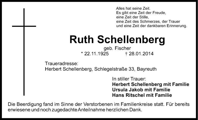  Traueranzeige für Ruth Schellenberg vom 08.02.2014 aus Nordbayerischer Kurier