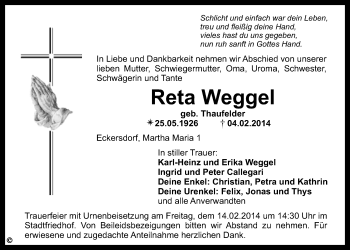 Anzeige von Reta Weggel von Nordbayerischer Kurier