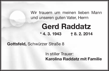 Anzeige von Gerd Raddatz von Nordbayerischer Kurier
