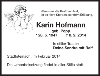Anzeige von Karin Hofmann von Nordbayerischer Kurier