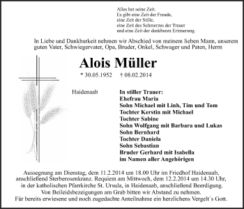Anzeige von Alois Müller von Nordbayerischer Kurier