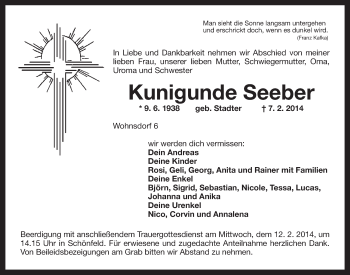 Anzeige von Kunigunde Seeber von Nordbayerischer Kurier