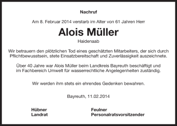 Anzeige von Alois Müller von Nordbayerischer Kurier