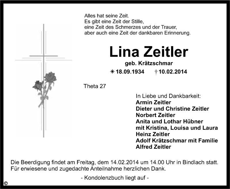  Traueranzeige für Lina Zeitler vom 12.02.2014 aus Nordbayerischer Kurier