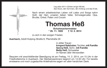 Anzeige von Thomas Heß von Nordbayerischer Kurier
