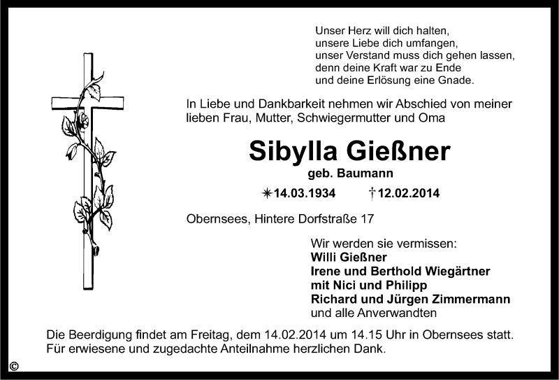  Traueranzeige für Sibylla Gießner vom 13.02.2014 aus Nordbayerischer Kurier