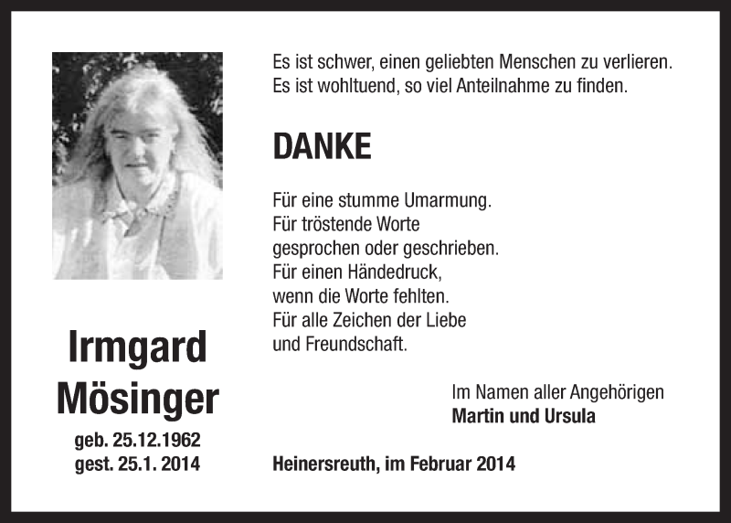  Traueranzeige für Irmgard Mösinger vom 14.02.2014 aus Nordbayerischer Kurier