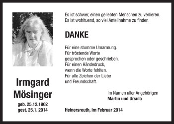 Anzeige von Irmgard Mösinger von Nordbayerischer Kurier