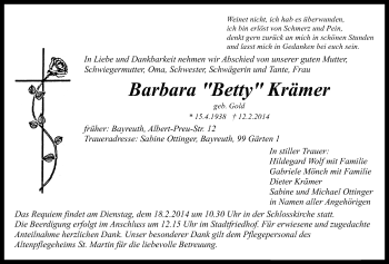 Anzeige von Barbara Krämer von Nordbayerischer Kurier