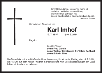 Anzeige von Karl Imhof von Nordbayerischer Kurier