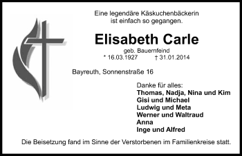 Anzeige von Elisabeth Carle von Nordbayerischer Kurier